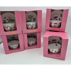 SET of 7 - Gracie Bone China\ Flowers Footed Teacup and Saucer Sets Gold